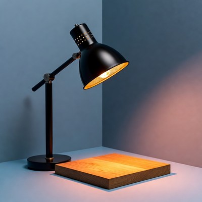 Black Desk Lamp Illuminating Wooden Block