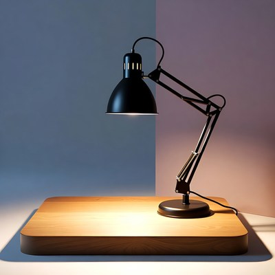 Black adjustable desk lamp on wood