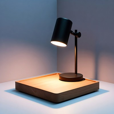 Black Desk Lamp on Wooden Tray