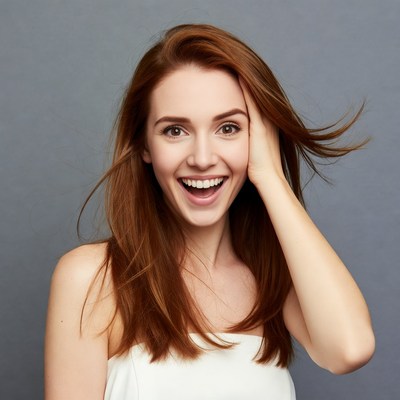 Smiling woman with red hair touching face