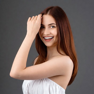 Smiling redhead woman touching forehead