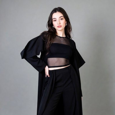 Woman in sheer black kimono jacket