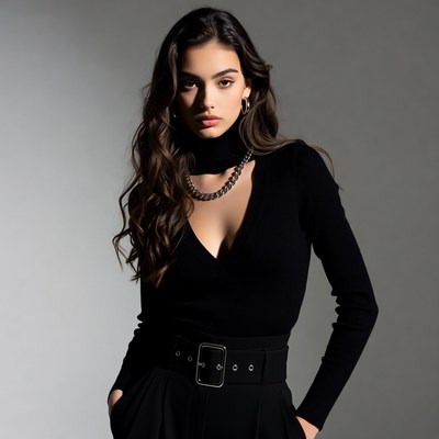 Beautiful woman in black turtleneck dress