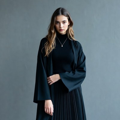 Woman in black turtleneck and pleated skirt