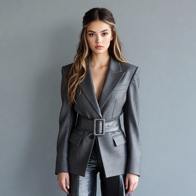 Woman in gray belted blazer