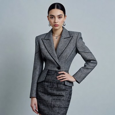 Woman in gray blazer skirt suit