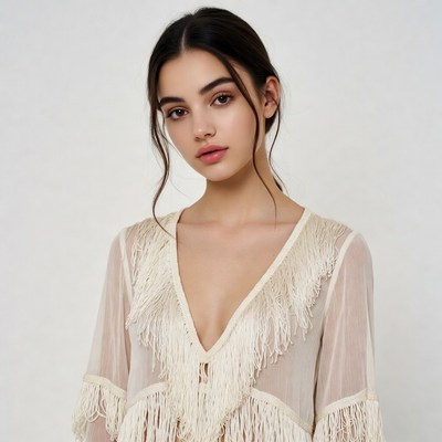 Young woman in fringed sheer top
