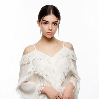 Young woman in white fringed dress