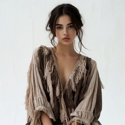 Woman in fringed beige dress