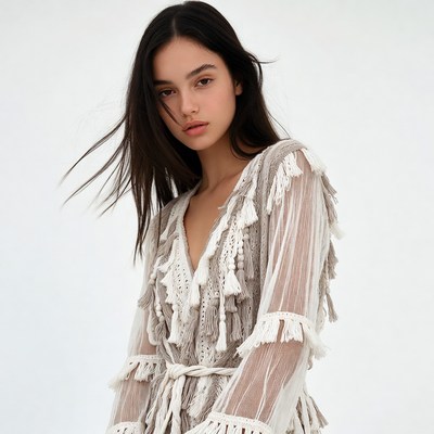 Woman in fringed white dress