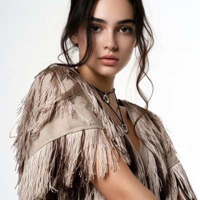 Young woman in fringed beige jacket