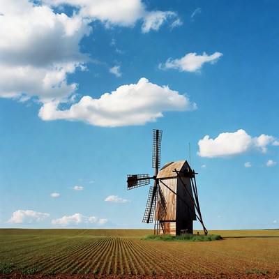 Windmill in green fields under blue sky