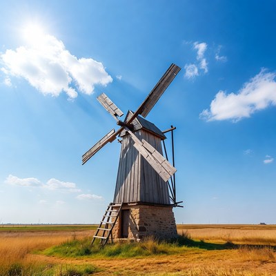 Windmill in golden wheat field