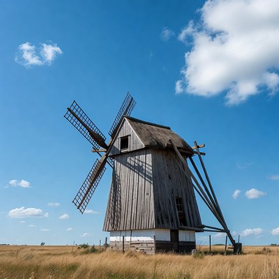 Old wooden windmill in golden field