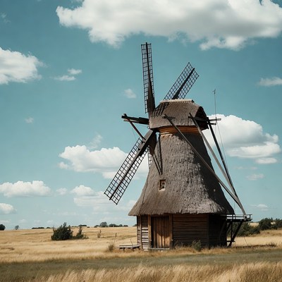 Traditional windmill in golden field