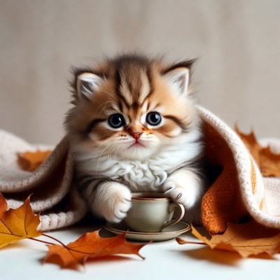 Kitten holding teacup with autumn leaves
