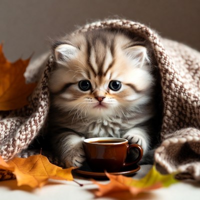 British Shorthair Kitten with Coffee Cup