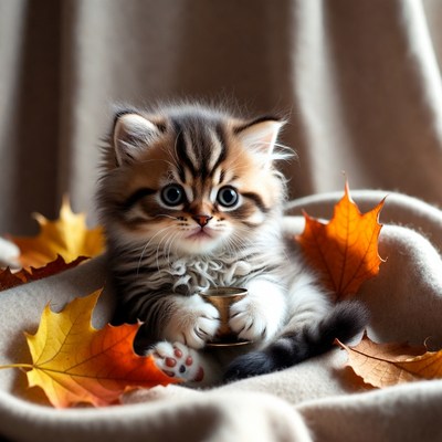 Kitten holding bell with autumn leaves