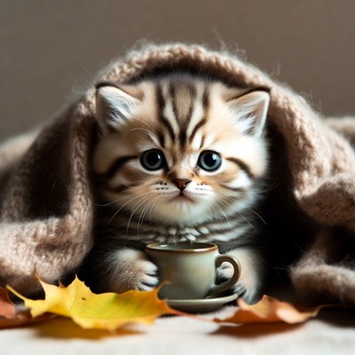 Kitten holding teacup under blanket