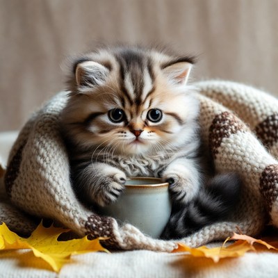 British Shorthair Kitten Holding Cup in Blanket