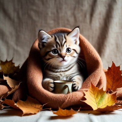 Kitten holding cup in blanket with autumn leaves