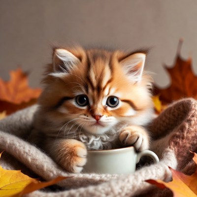 Kitten holding teacup in autumn leaves