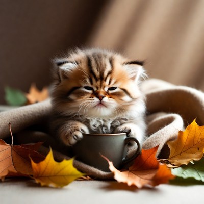 Kitten holding cup with autumn leaves