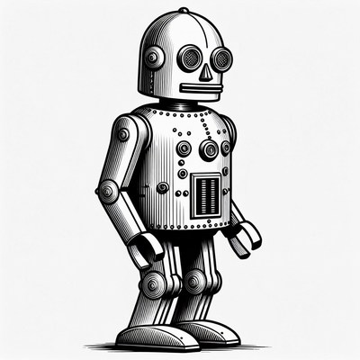 Vintage line art robot standing
