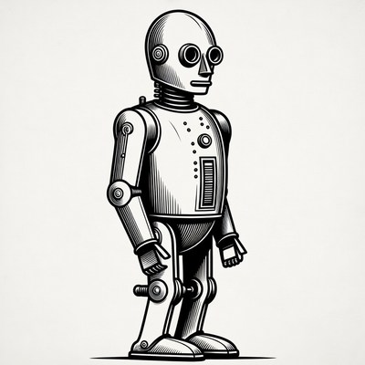 Vintage line art robot standing