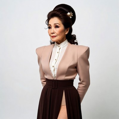 Asian woman in pink blazer and slit skirt