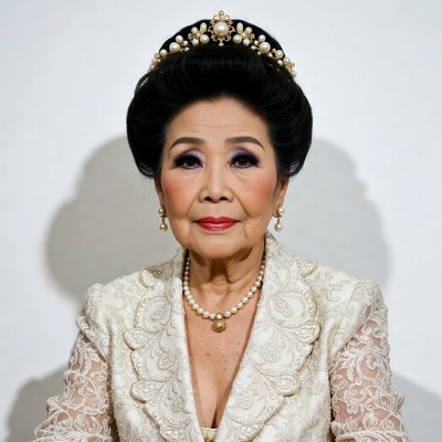 Asian woman in white lace dress and pearl tiara