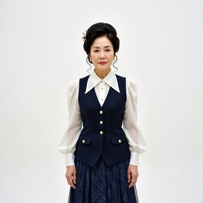 Asian woman in navy vest and skirt