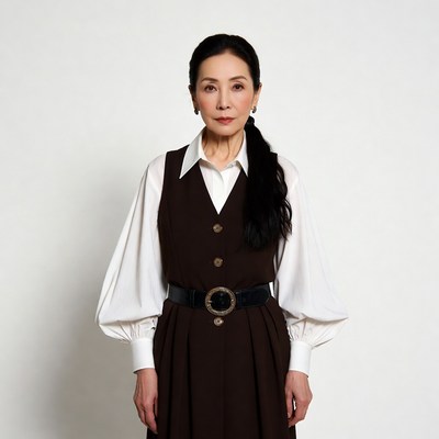 Asian woman in brown vest dress