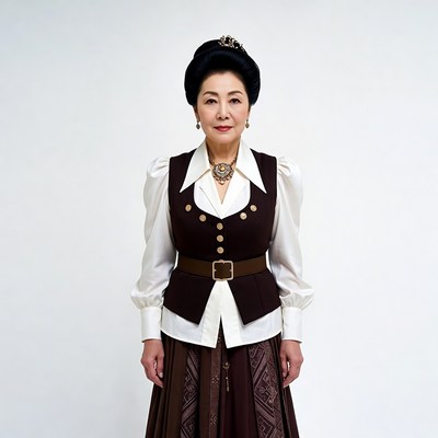 Asian woman in traditional brown vest