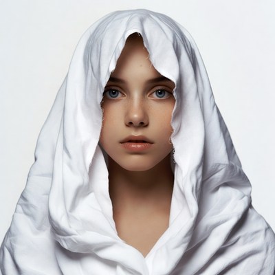 Girl in white hooded veil