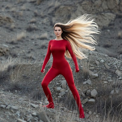 Blonde woman in red bodysuit on rocks