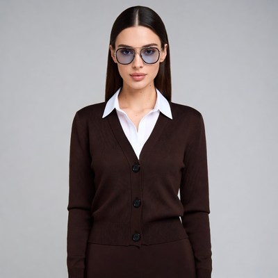 Woman in brown cardigan and sunglasses