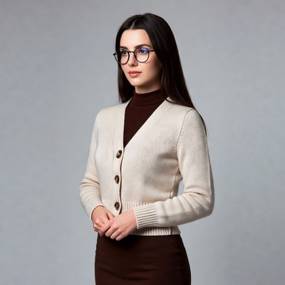 Woman in cardigan and skirt with glasses