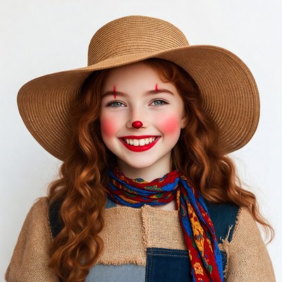 Girl in clown makeup with wide-brim hat