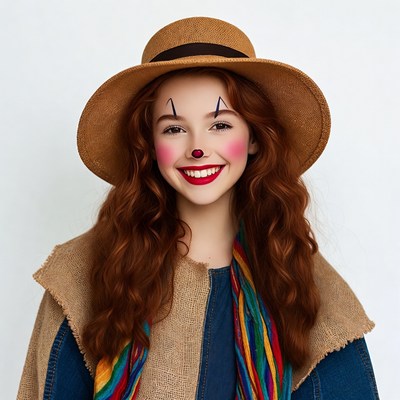 Girl in clown makeup with straw hat