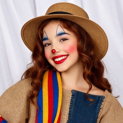 Girl in straw hat clown makeup