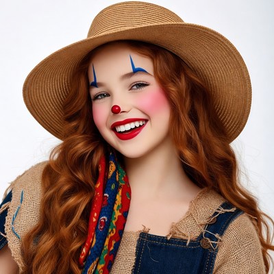 Girl in Clown Makeup with Straw Hat