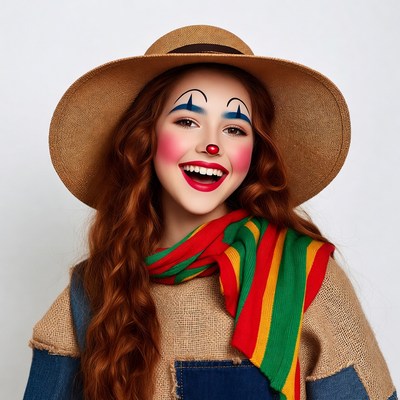 Woman in clown makeup with hat