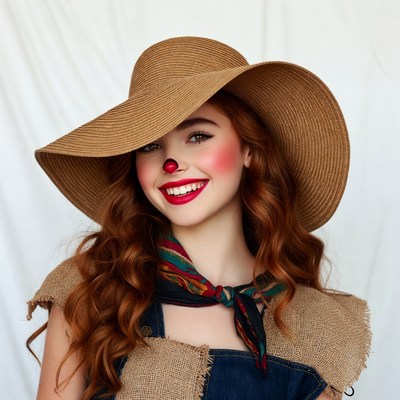 Redhead woman in clown makeup with straw hat
