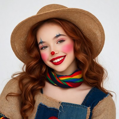 Redhead girl in clown makeup smiling