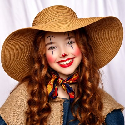 Girl in clown makeup with wide-brim hat