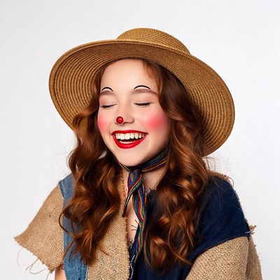 Redhead girl in clown makeup with straw hat
