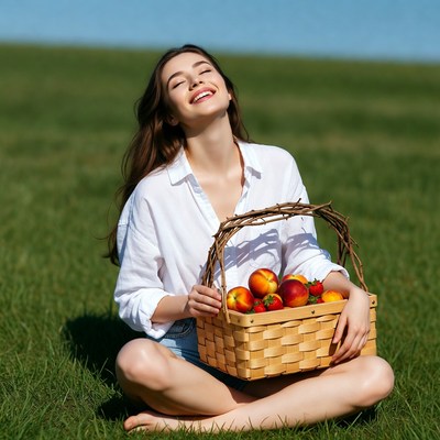 Woman holding peaches in basket