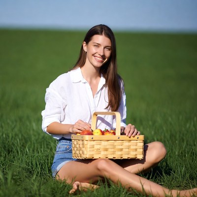 Woman holding basket of apples