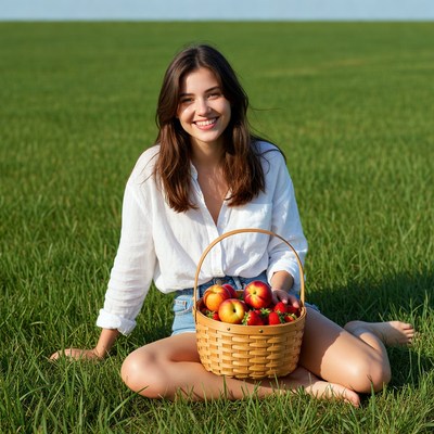 Young woman holding fruit basket in grass